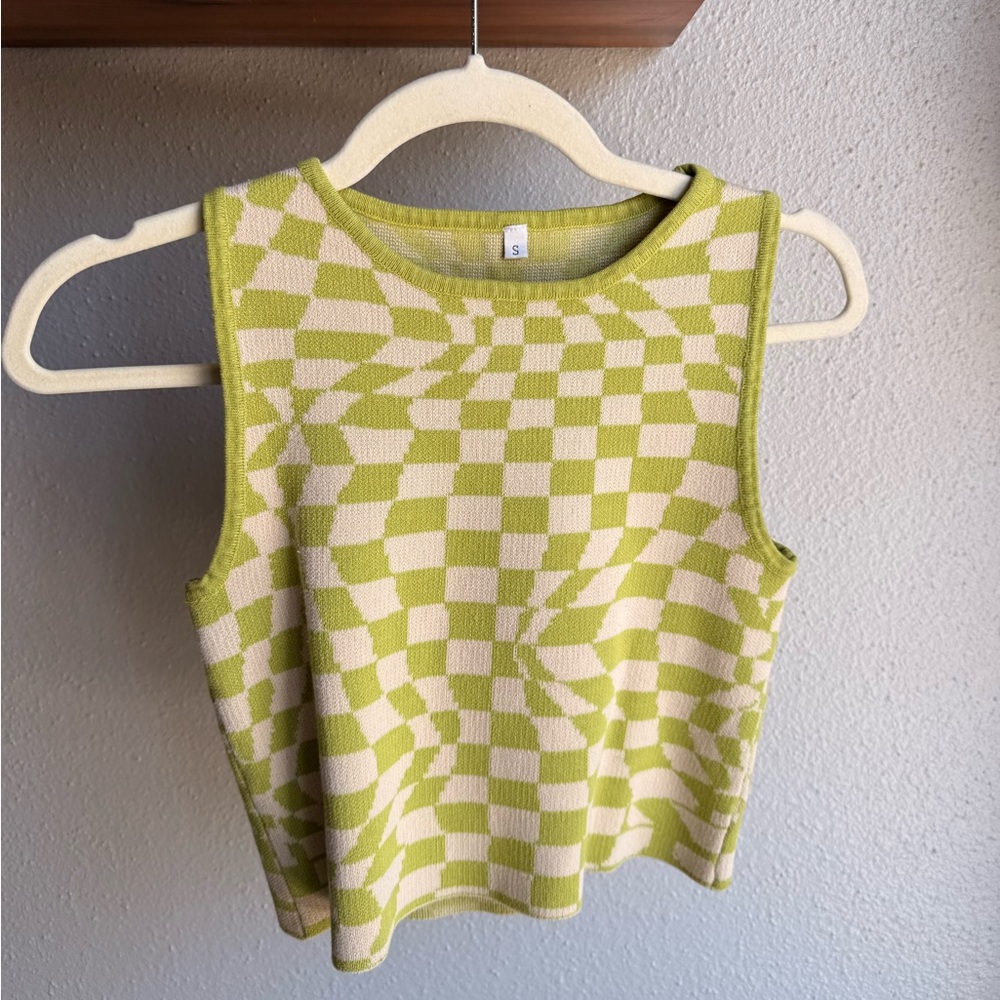 OAK + FORT Lime Green and Cream Checkerboard Knit Tank Top